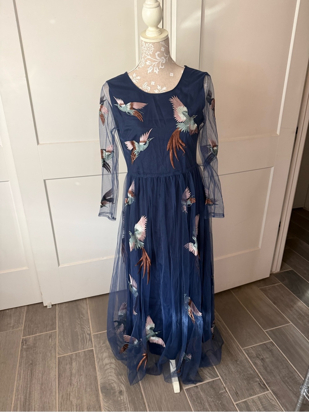 Navy Embroidered Bird Mesh Maxi Dress